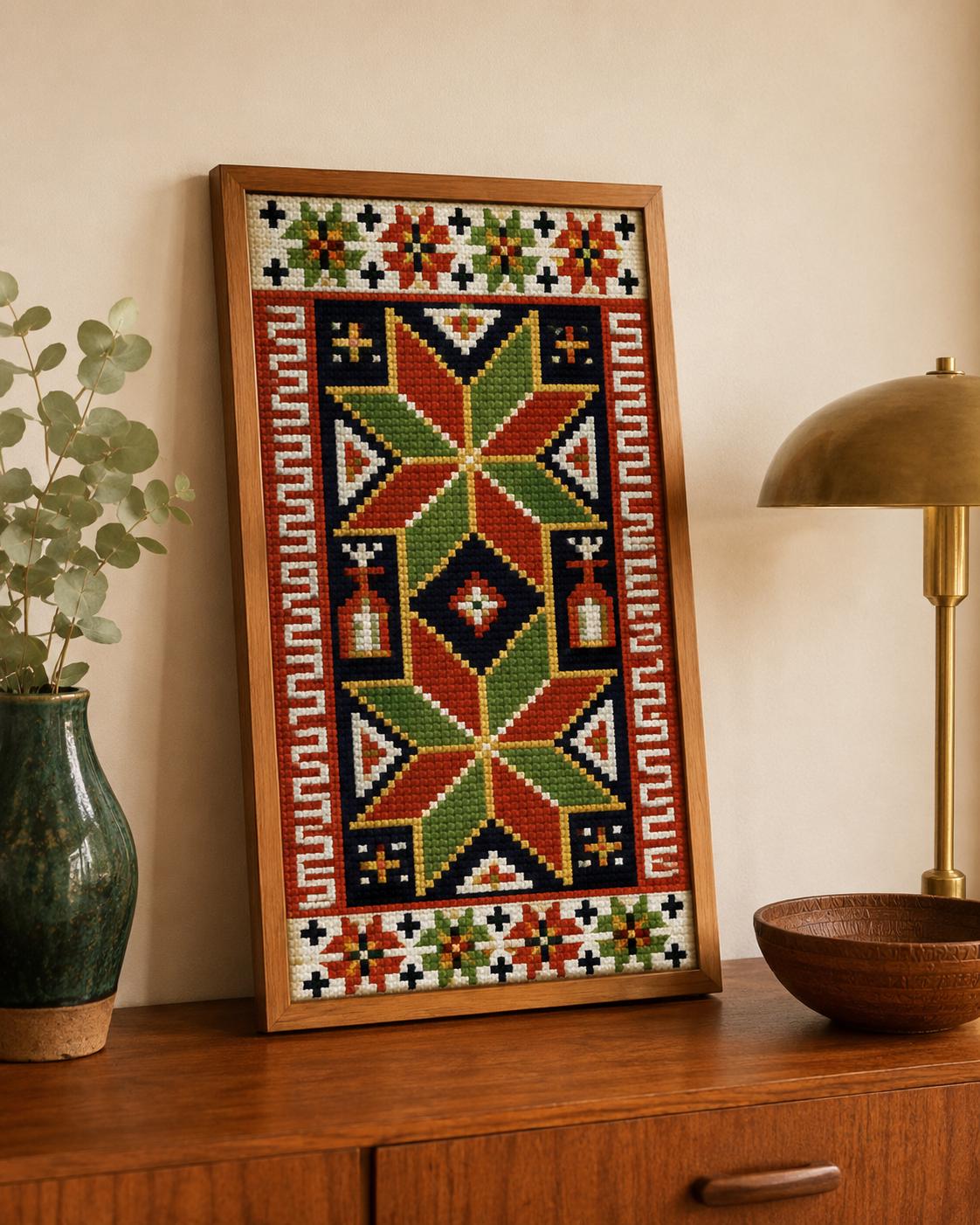 Swedish Folk Art Woven Wool Wall Hanging, Geometric Scandinavian Textile Art, Teak Frame