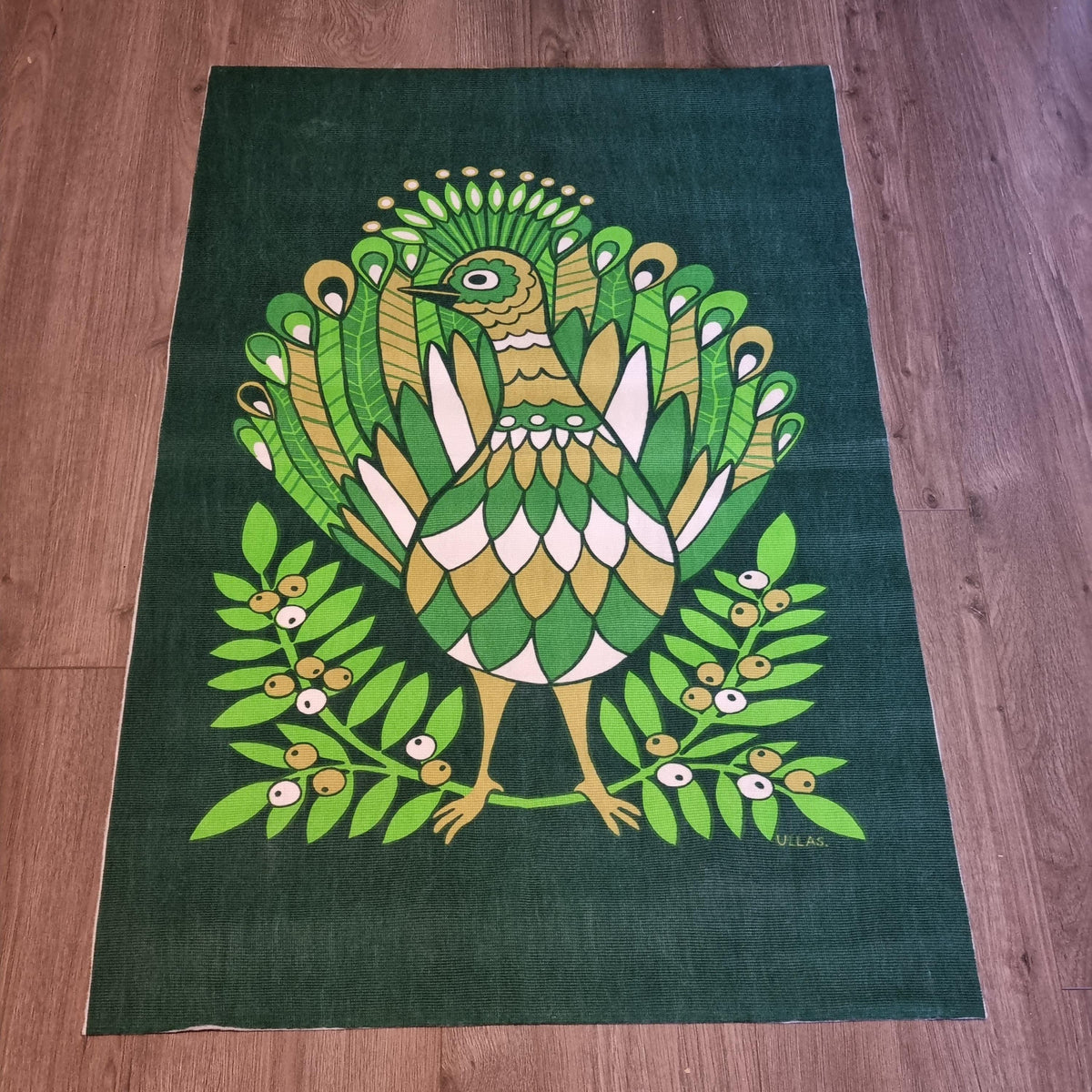 Wall Hanging Green Bird Print Retro Scandinavian Textile Art Swedish Fabric Panel Ullas