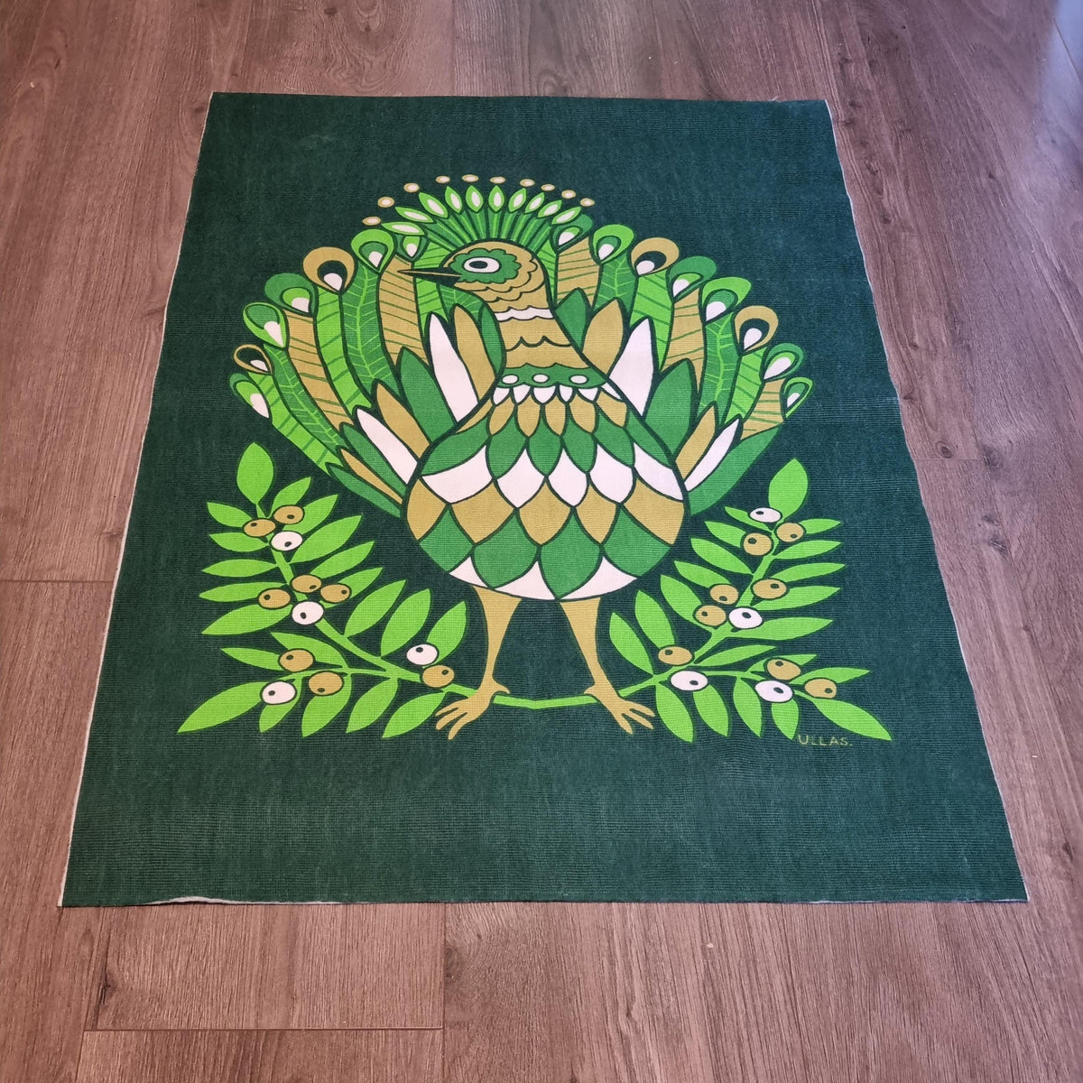 Wall Hanging Green Bird Print Retro Scandinavian Textile Art Swedish Fabric Panel Ullas