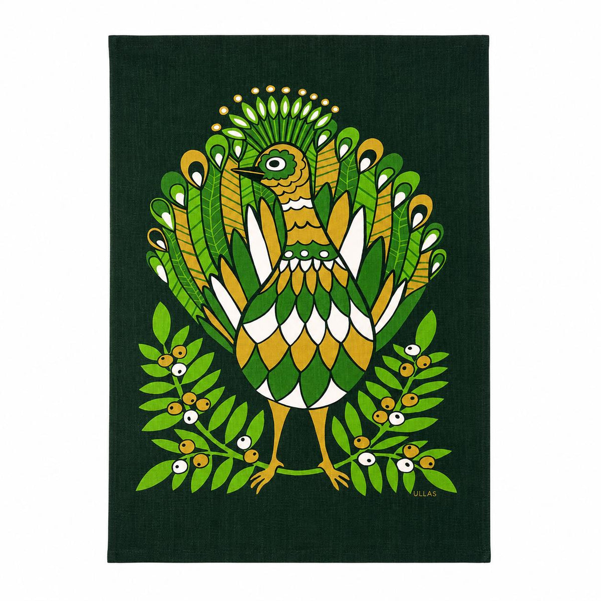 Wall Hanging Green Bird Print Retro Scandinavian Textile Art Swedish Fabric Panel Ullas