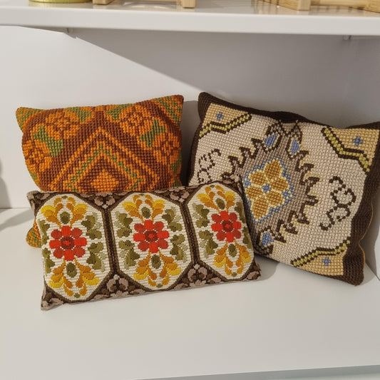 Set of 3 Vintage Needlepoint Pillows – Scandinavian 1970s Floral Cushions – Retro Cottagecore Fall Decor – Christmas Gift