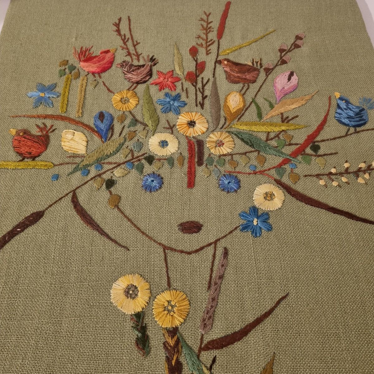 Vintage Swedish Embroidered Wall Hanging – Flower Girl with Birds – Hand Embroidery on Green Linen – Scandinavian Textile Art
