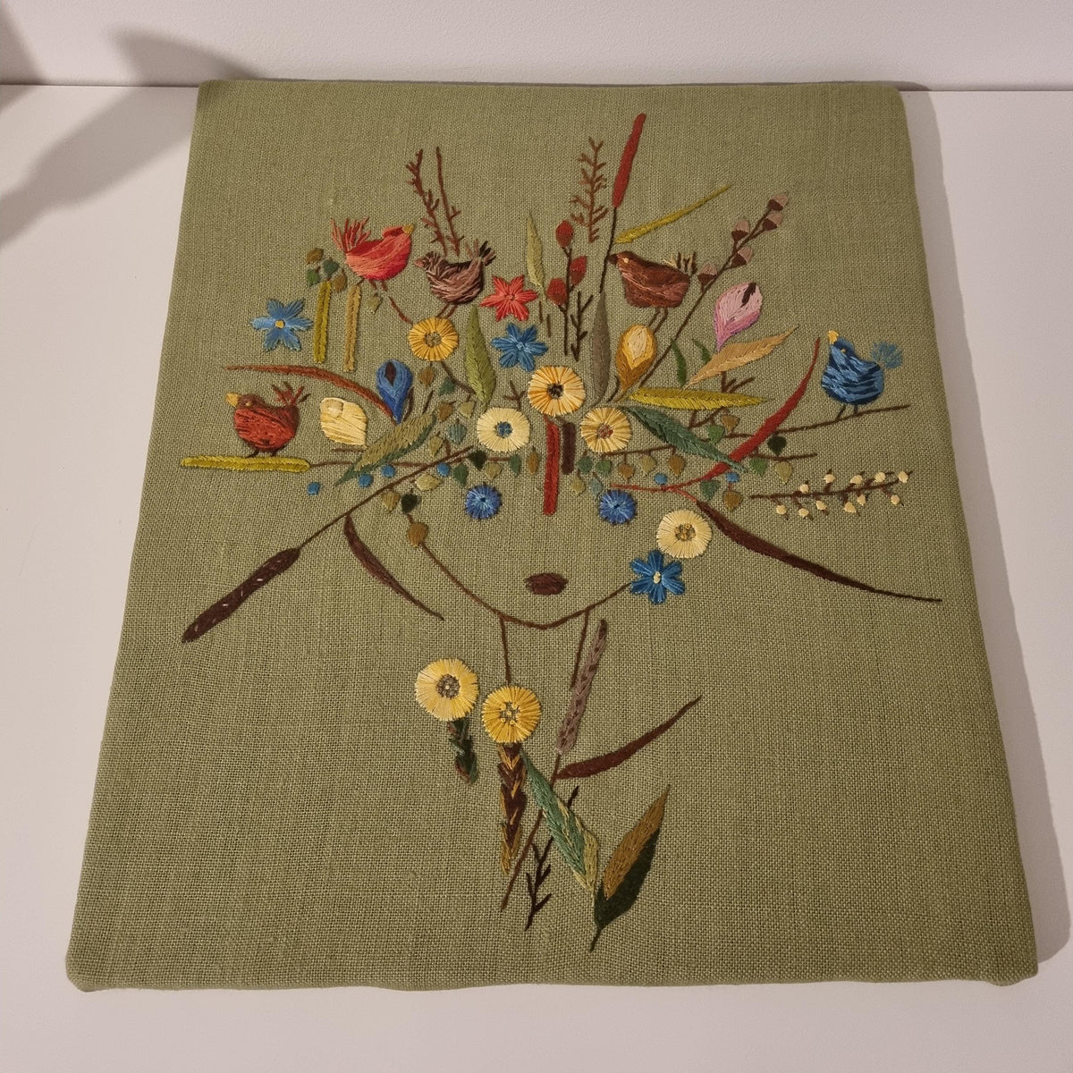 Vintage Swedish Embroidered Wall Hanging – Flower Girl with Birds – Hand Embroidery on Green Linen – Scandinavian Textile Art