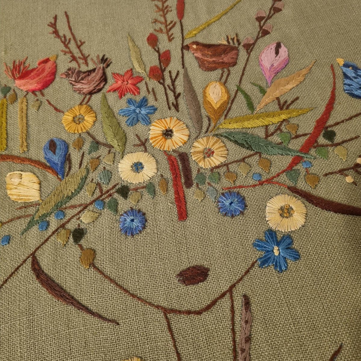 Vintage Swedish Embroidered Wall Hanging – Flower Girl with Birds – Hand Embroidery on Green Linen – Scandinavian Textile Art