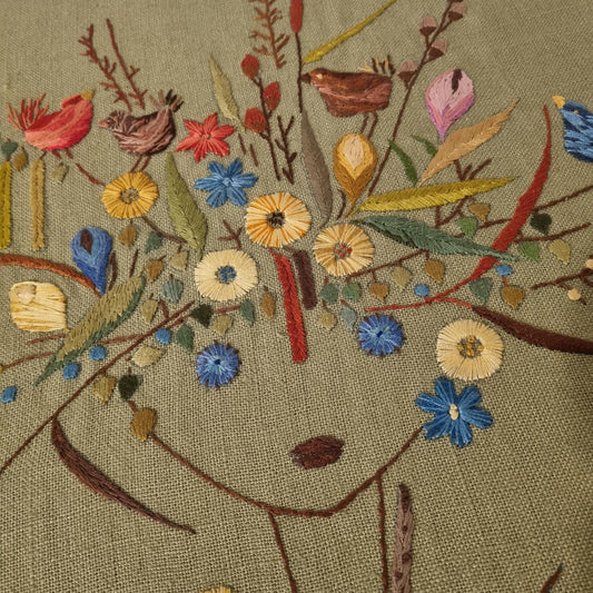 Vintage Swedish Embroidered Wall Hanging – Flower Girl with Birds – Hand Embroidery on Green Linen – Scandinavian Textile Art