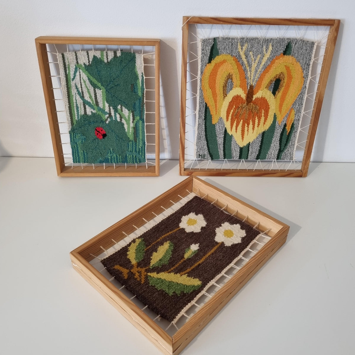 Set of 3 Vintage Swedish Handwoven Wool Tapestries – Flamskväv Flemish Weaving – Scandinavian Folk Art Textile Wall Deco