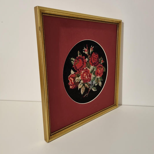Vintage Floral Needlepoint Wall Art – Framed Red Rose Embroidery – Gold Frame Cottagecore Botanical Decor