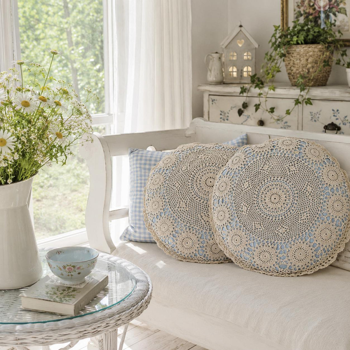 Crochet Lace Floral Cushion Pair, Romantic Farmhouse Shabby Chic Pillow