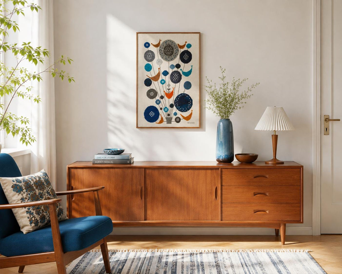 Large Vintage Swedish Embroidered Textile Wall Art in Teak Frame, Mid Century Scandinavian Folk Art, Blue Orange Needlework Tapestry