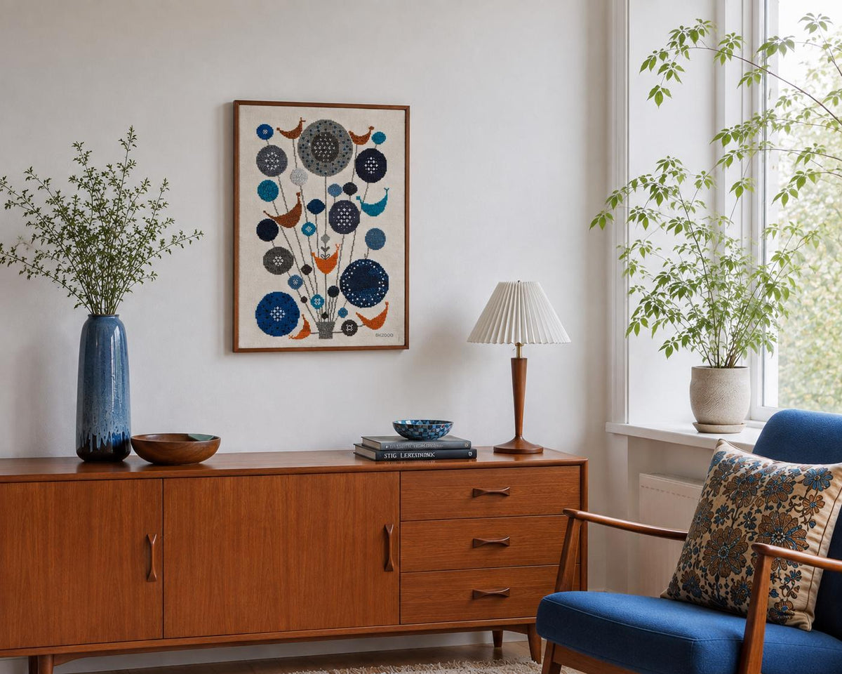 Large Vintage Swedish Embroidered Textile Wall Art in Teak Frame, Mid Century Scandinavian Folk Art, Blue Orange Needlework Tapestry