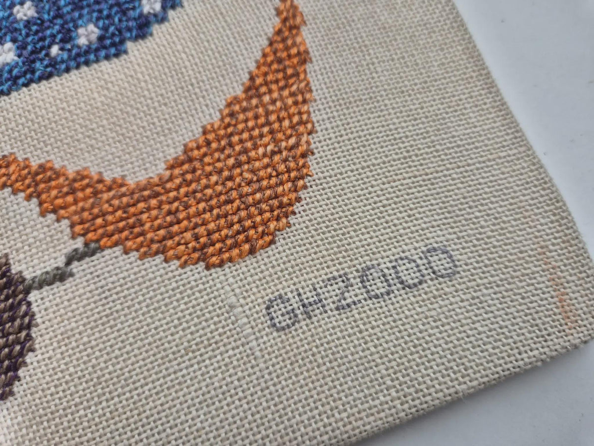 Large Vintage Swedish Embroidered Textile Wall Art in Teak Frame, Mid Century Scandinavian Folk Art, Blue Orange Needlework Tapestry