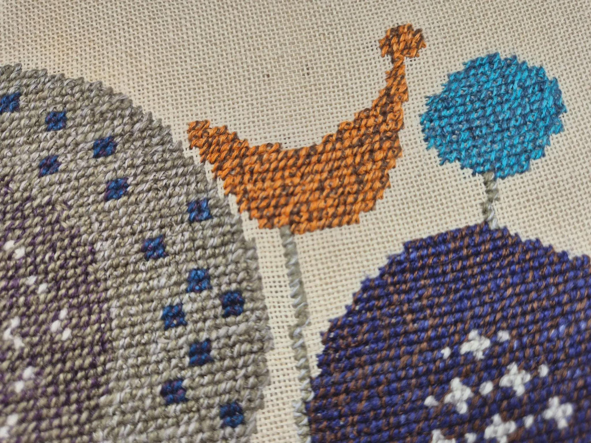Large Vintage Swedish Embroidered Textile Wall Art in Teak Frame, Mid Century Scandinavian Folk Art, Blue Orange Needlework Tapestry