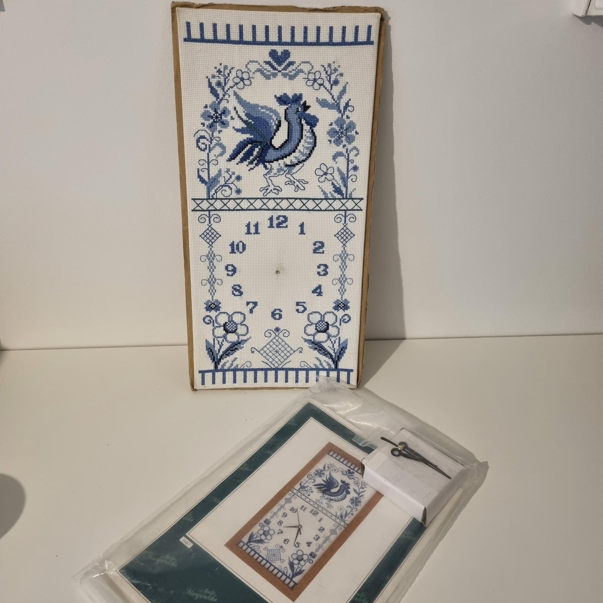 Cross Stitch Rooster Clock Panel Swedish Folk Art Embroidery Teak Frame