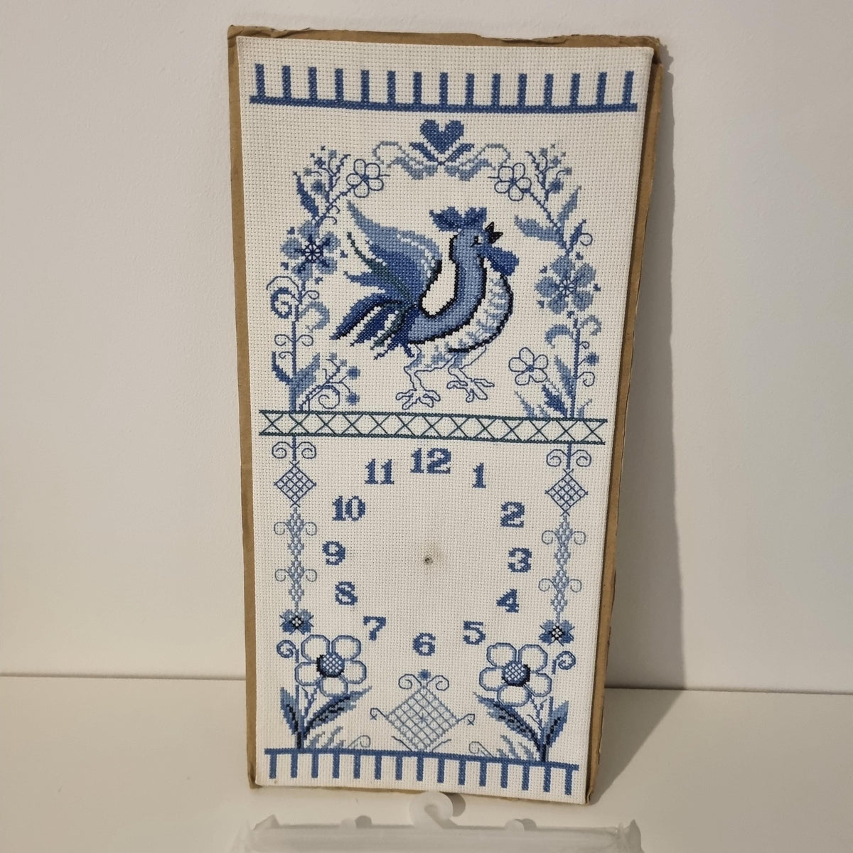 Cross Stitch Rooster Clock Panel Swedish Folk Art Embroidery Teak Frame