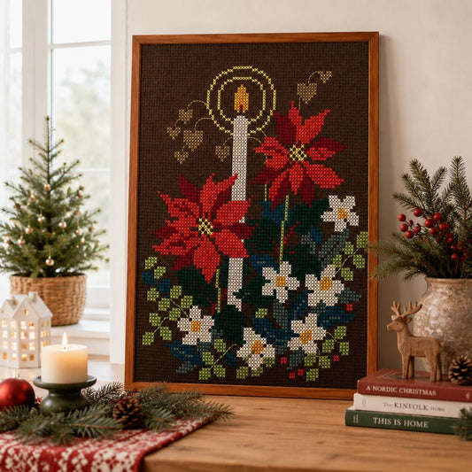 Christmas Needlepoint Wall Art, Mid Century Teak Framed Textile Tapestry