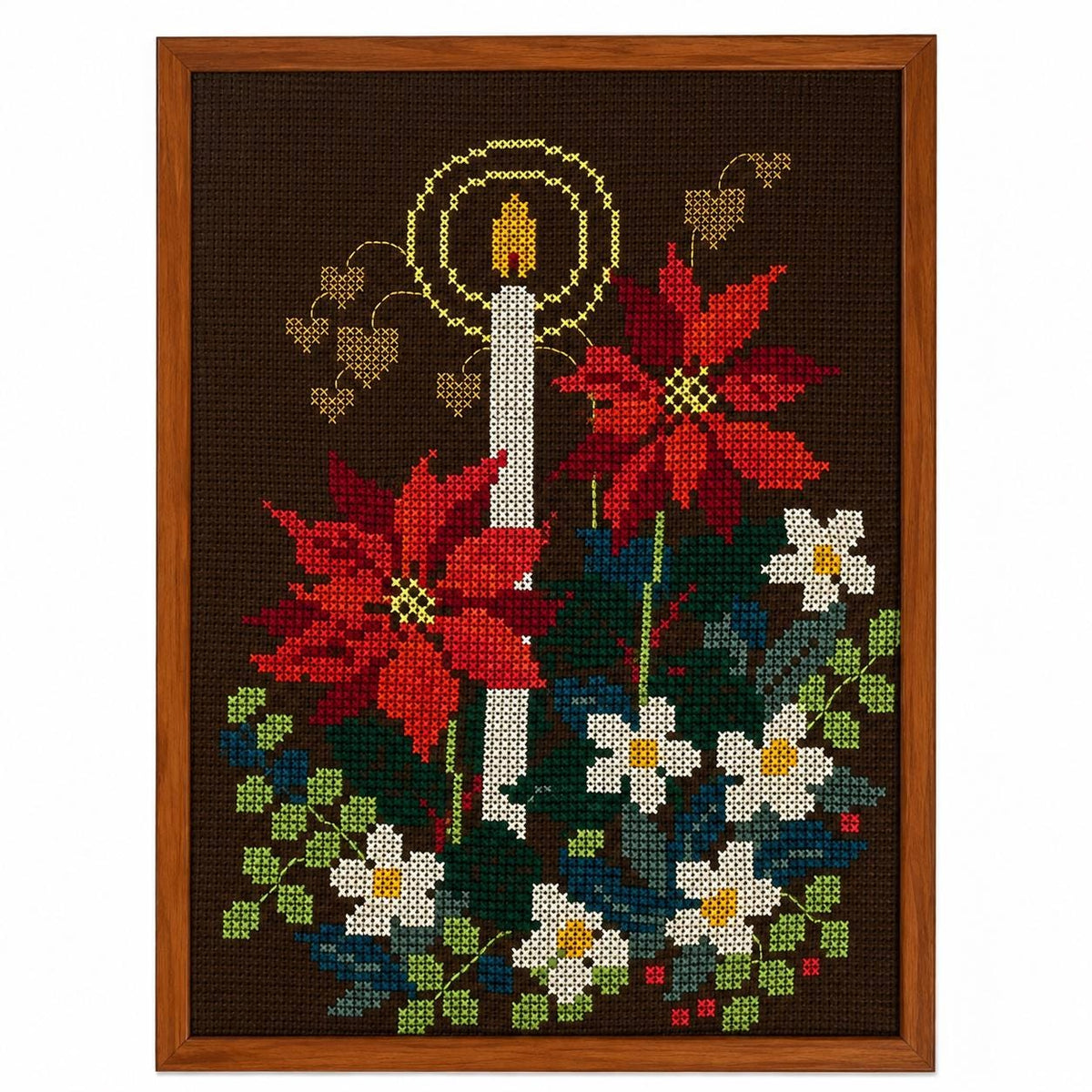 Christmas Needlepoint Wall Art, Mid Century Teak Framed Textile Tapestry