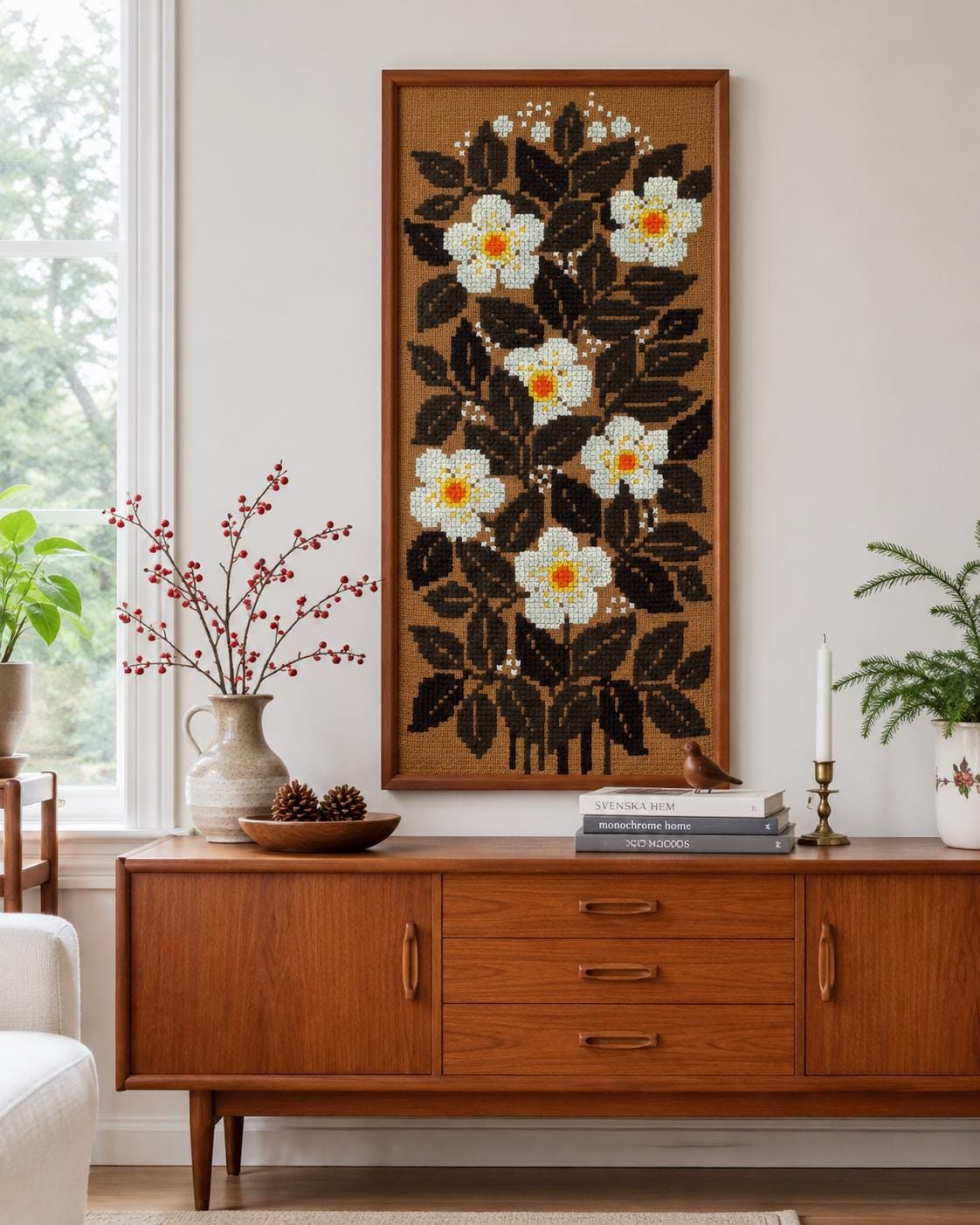 Large Vintage Floral Needlepoint Wall Art, Hand Embroidered Wool Tapestry on Canvas, White Flowers, Teak Framed Scandinavian Textile Art