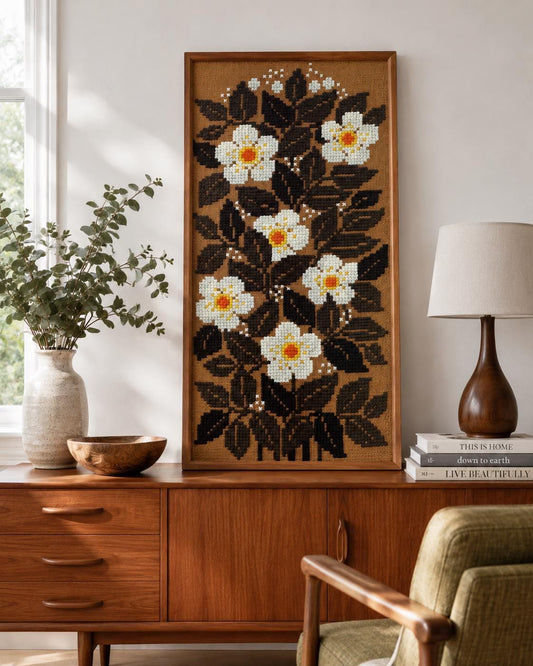 Large Vintage Floral Needlepoint Wall Art, Hand Embroidered Wool Tapestry on Canvas, White Flowers, Teak Framed Scandinavian Textile Art