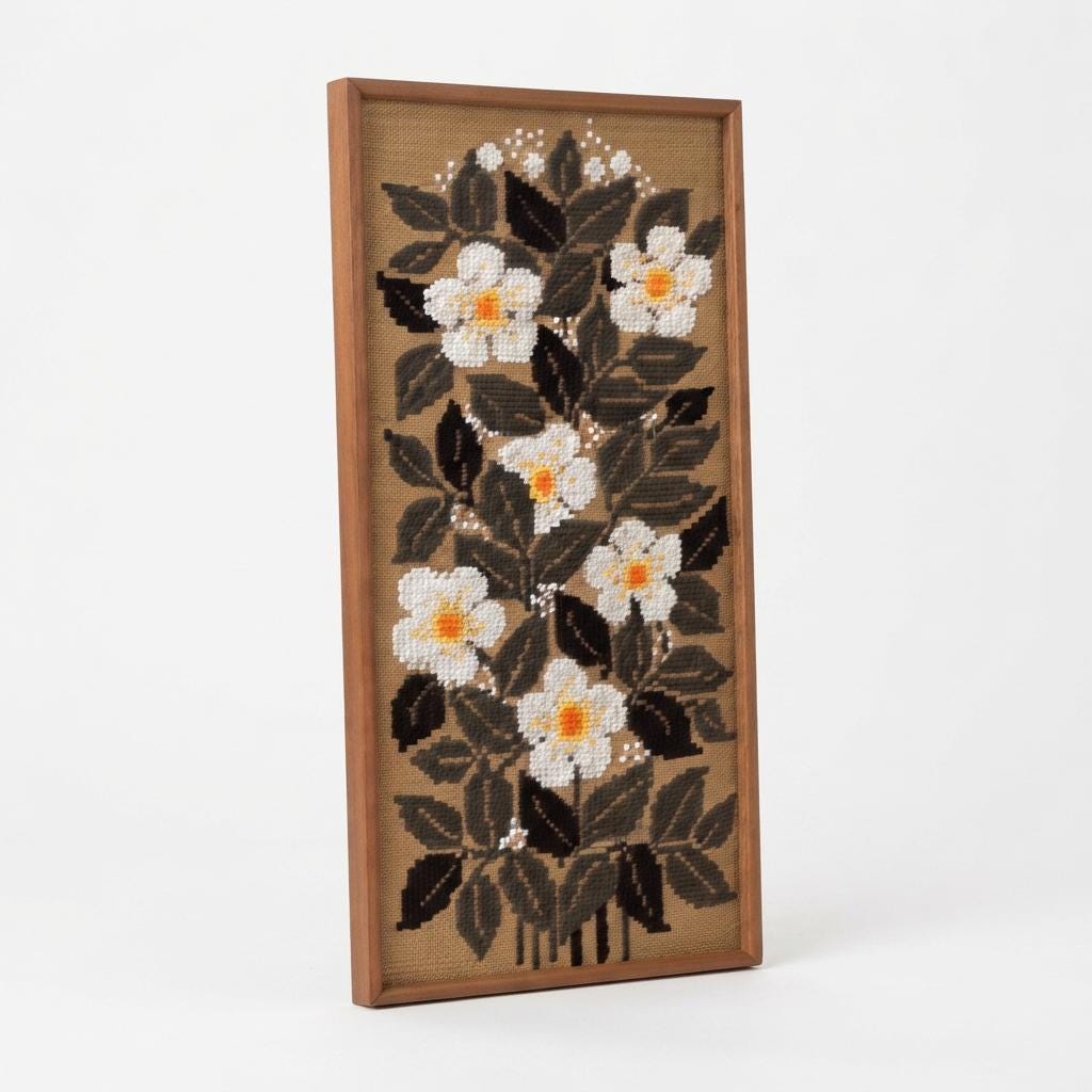 Large Vintage Floral Needlepoint Wall Art, Hand Embroidered Wool Tapestry on Canvas, White Flowers, Teak Framed Scandinavian Textile Art