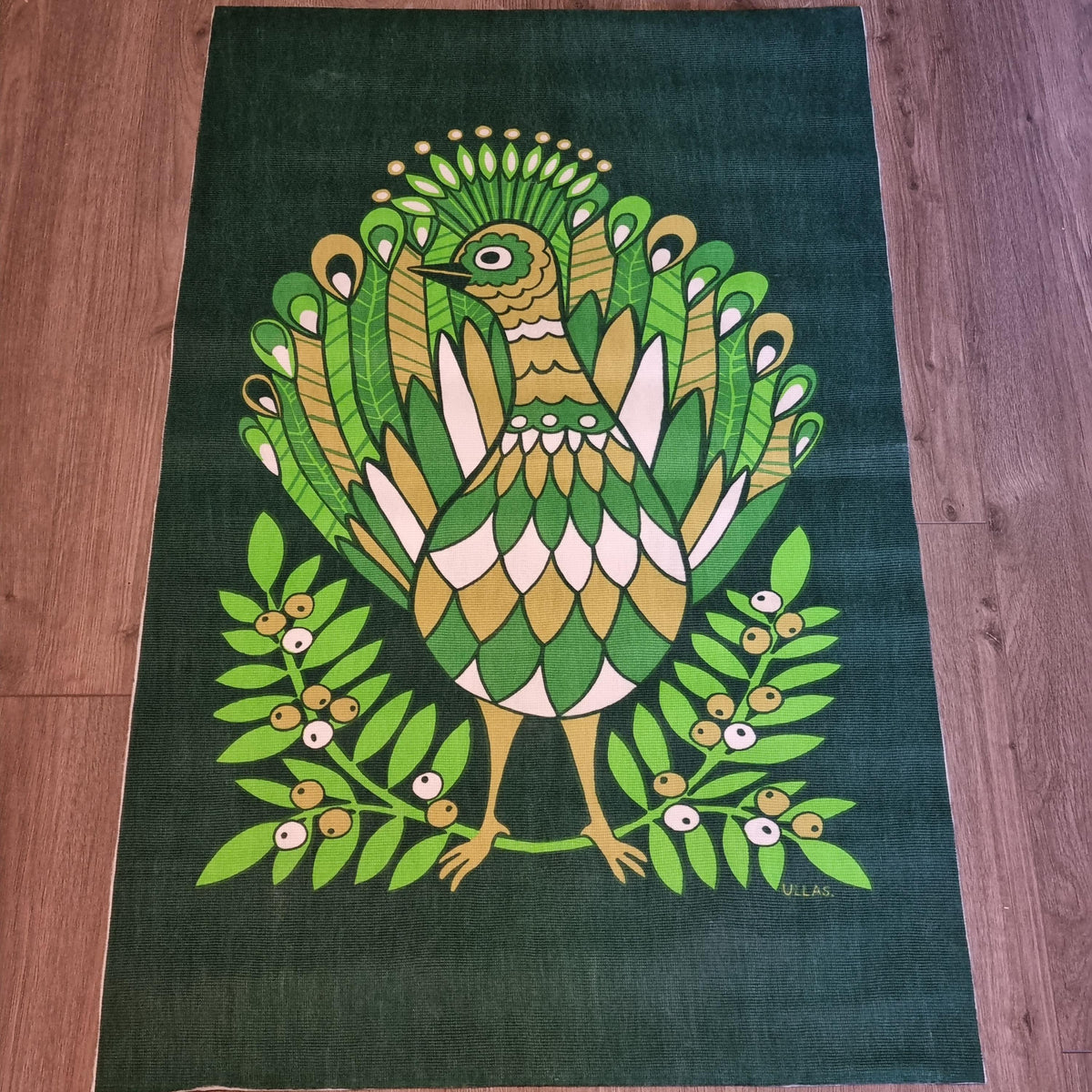 Wall Hanging Green Bird Print Retro Scandinavian Textile Art Swedish Fabric Panel Ullas