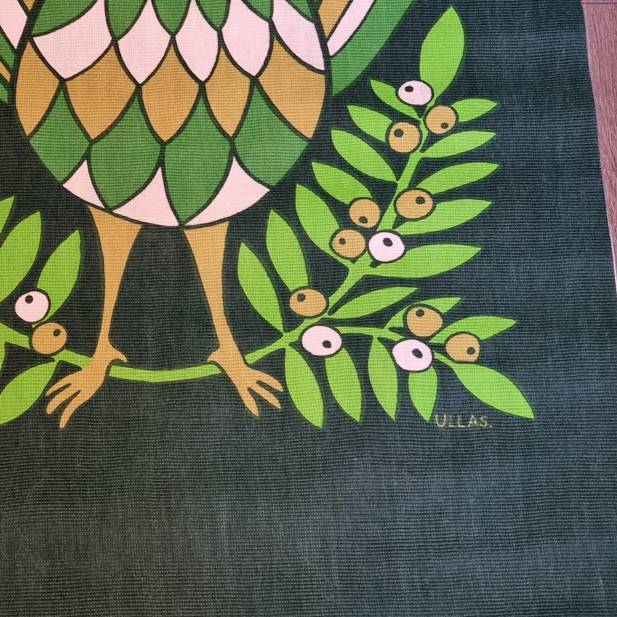 Wall Hanging Green Bird Print Retro Scandinavian Textile Art Swedish Fabric Panel Ullas