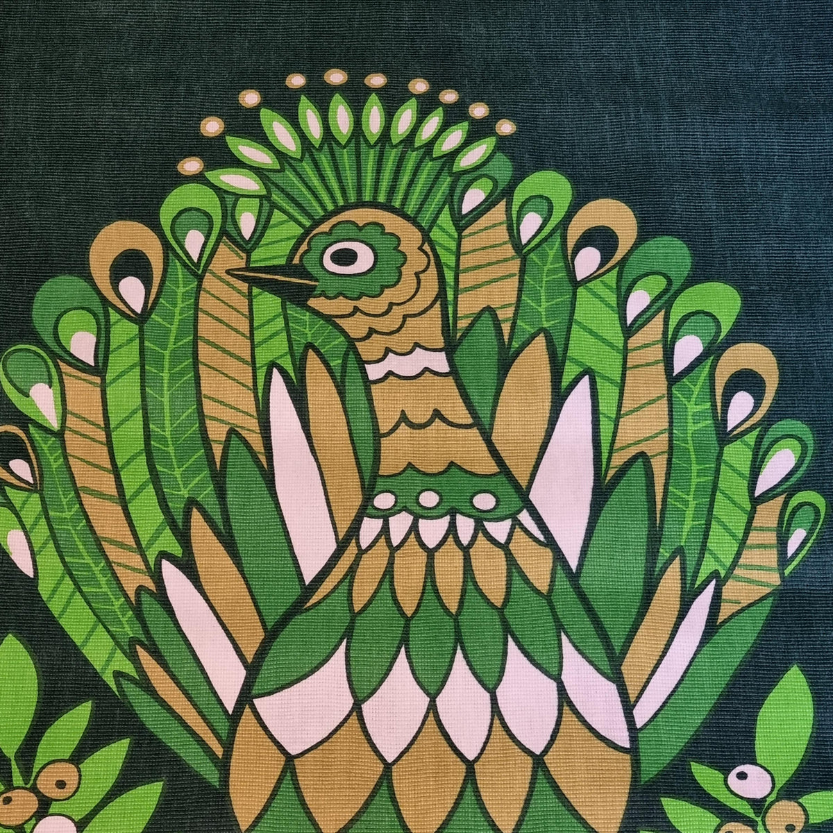 Wall Hanging Green Bird Print Retro Scandinavian Textile Art Swedish Fabric Panel Ullas