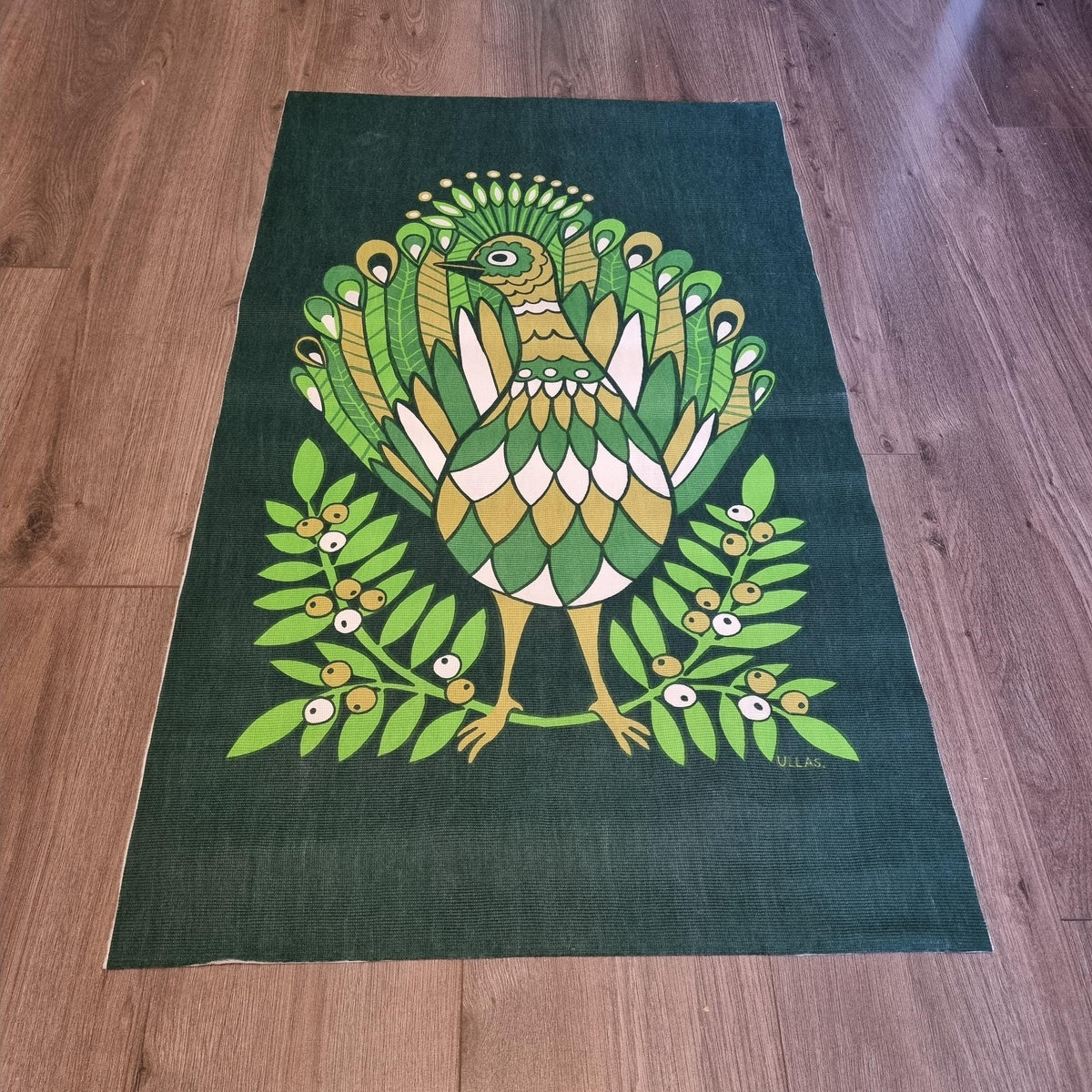 Wall Hanging Green Bird Print Retro Scandinavian Textile Art Swedish Fabric Panel Ullas