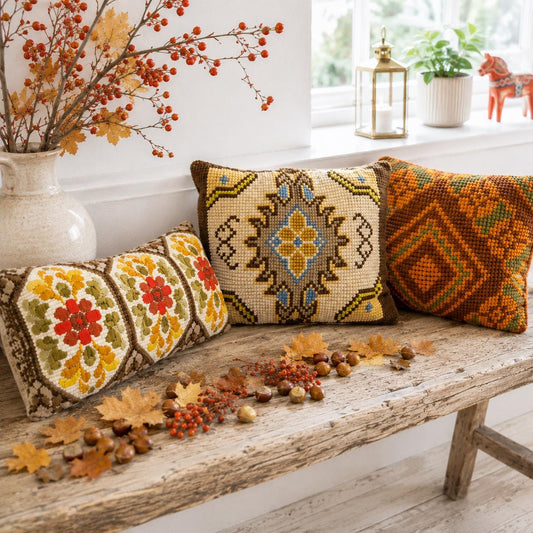 Set of 3 Vintage Needlepoint Pillows – Scandinavian 1970s Floral Cushions – Retro Cottagecore Fall Decor – Christmas Gift