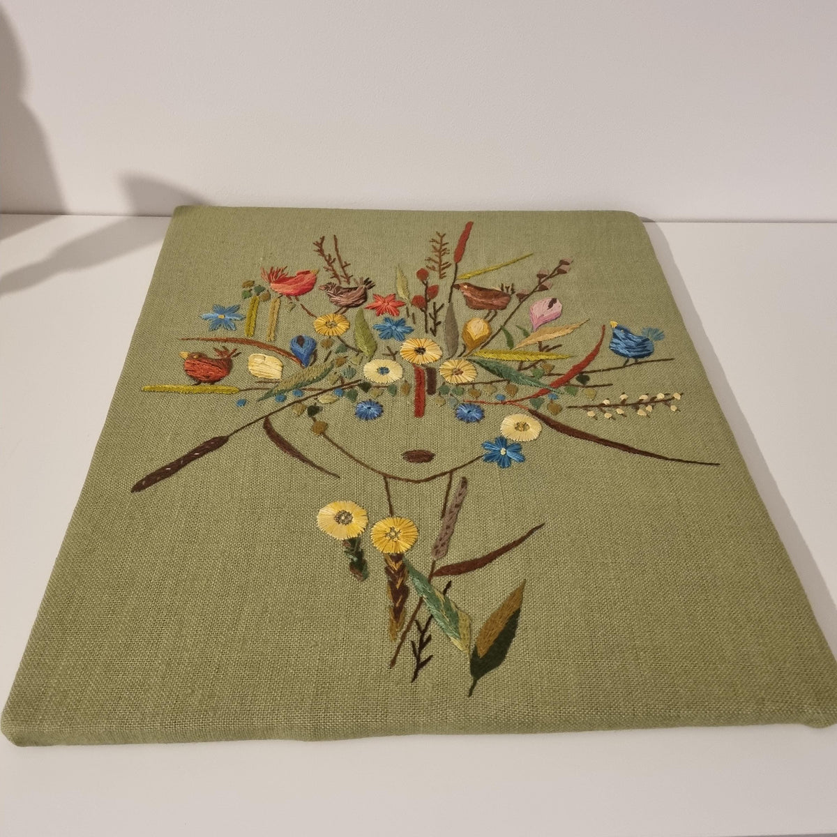 Vintage Swedish Embroidered Wall Hanging – Flower Girl with Birds – Hand Embroidery on Green Linen – Scandinavian Textile Art