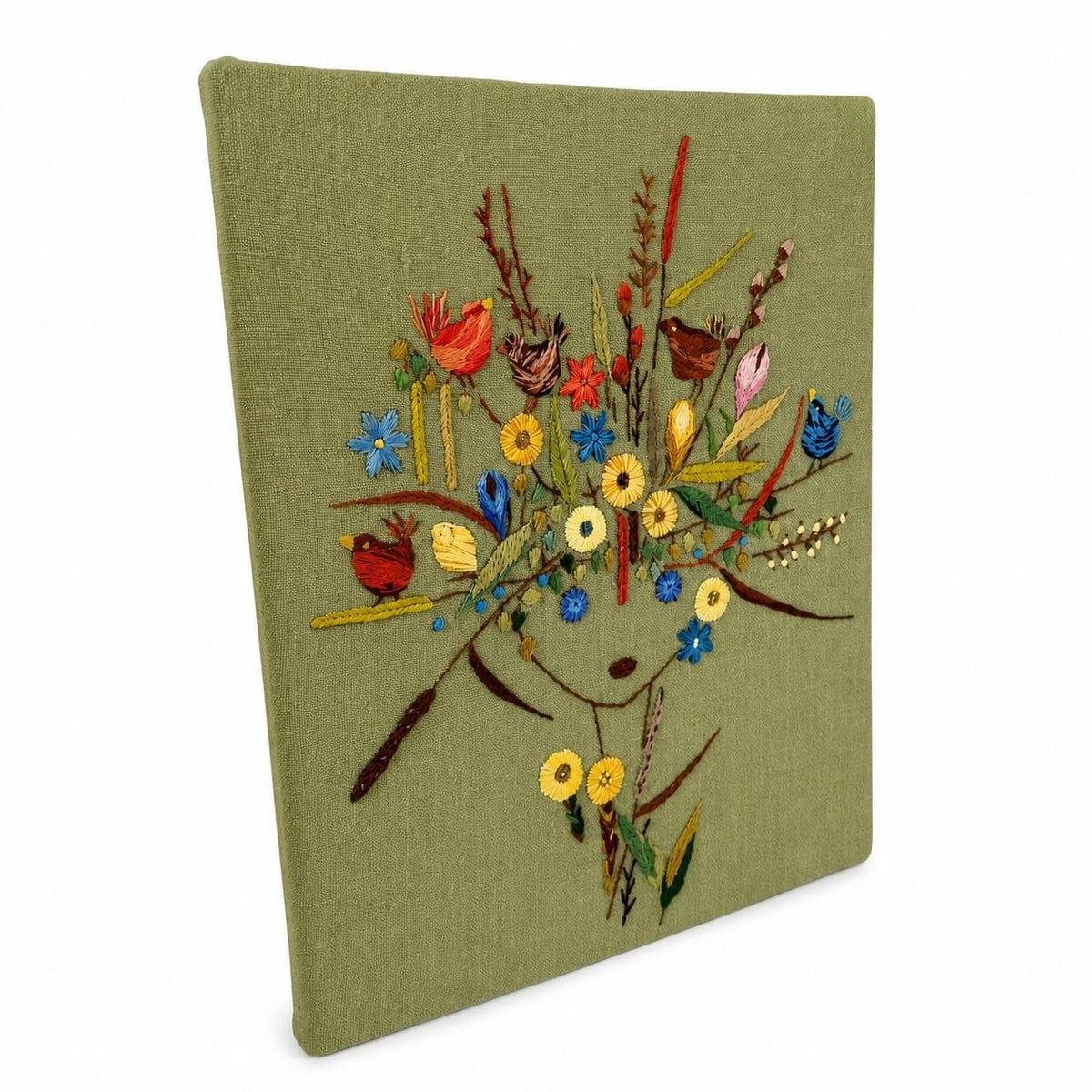 Vintage Swedish Embroidered Wall Hanging – Flower Girl with Birds – Hand Embroidery on Green Linen – Scandinavian Textile Art