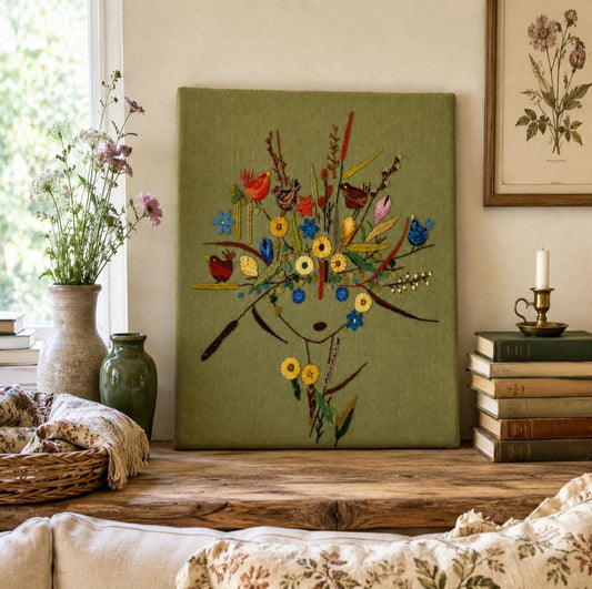 Vintage Swedish Embroidered Wall Hanging – Flower Girl with Birds – Hand Embroidery on Green Linen – Scandinavian Textile Art
