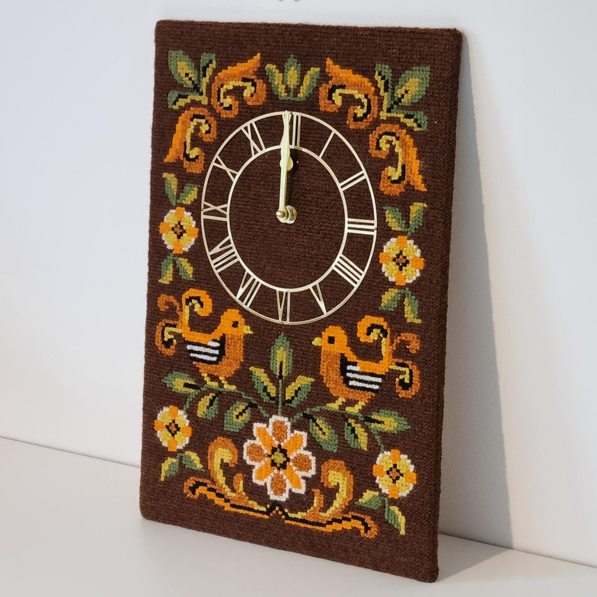 Embroidered Wall Clock, Hand Stitched Folk Art Birds Flowers, Swedish Scandinavian Needlepoint, Working Battery Clock