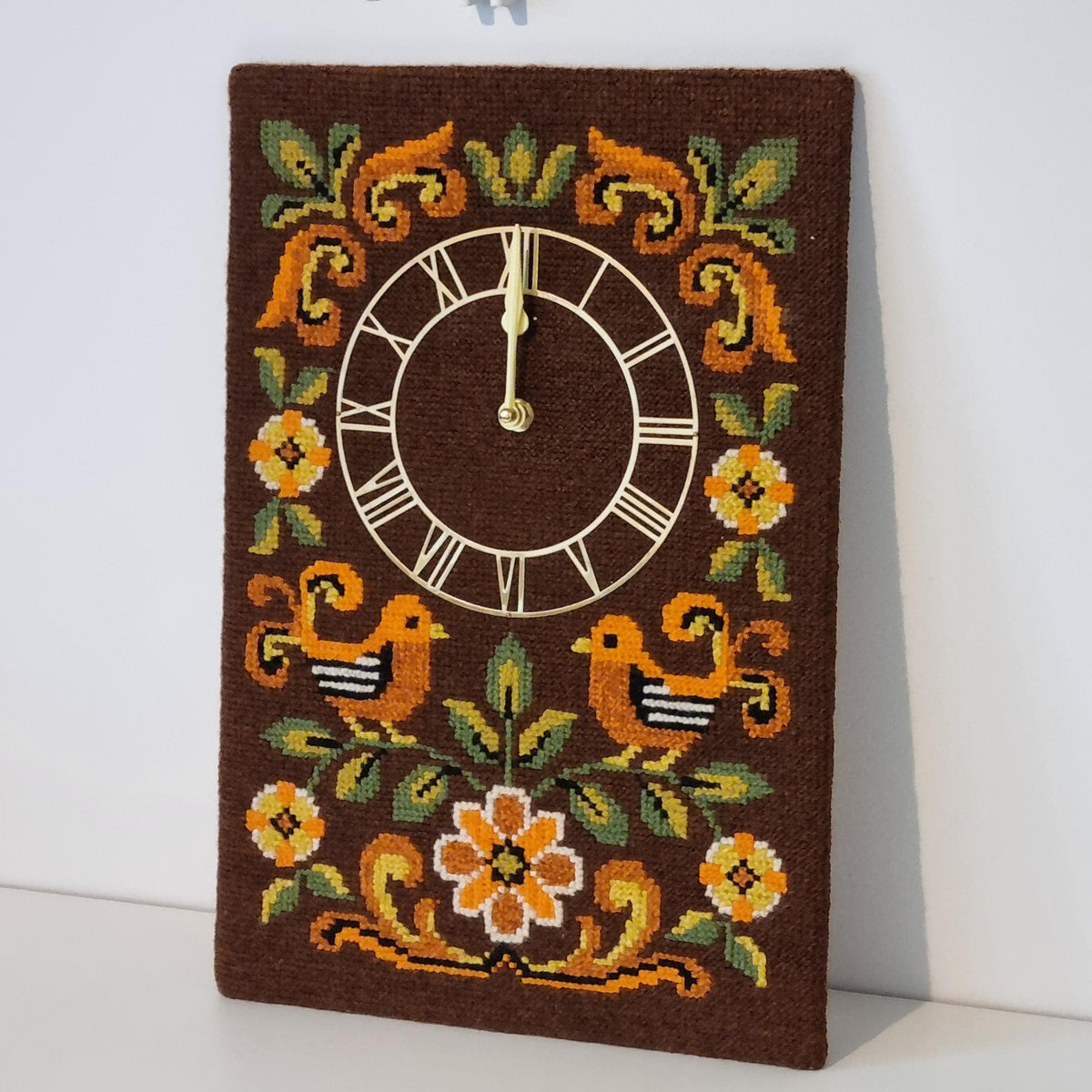 Embroidered Wall Clock, Hand Stitched Folk Art Birds Flowers, Swedish Scandinavian Needlepoint, Working Battery Clock