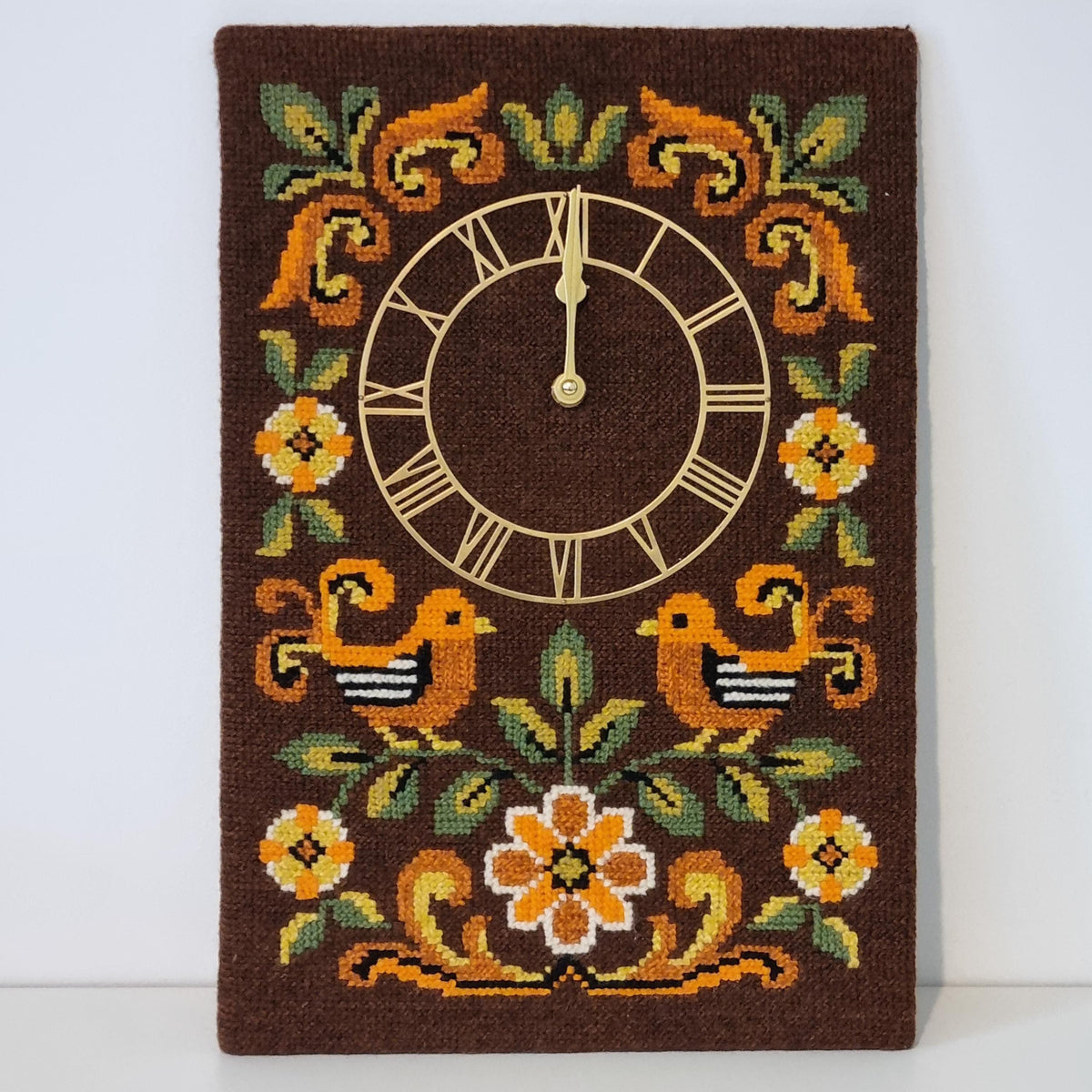 Embroidered Wall Clock, Hand Stitched Folk Art Birds Flowers, Swedish Scandinavian Needlepoint, Working Battery Clock
