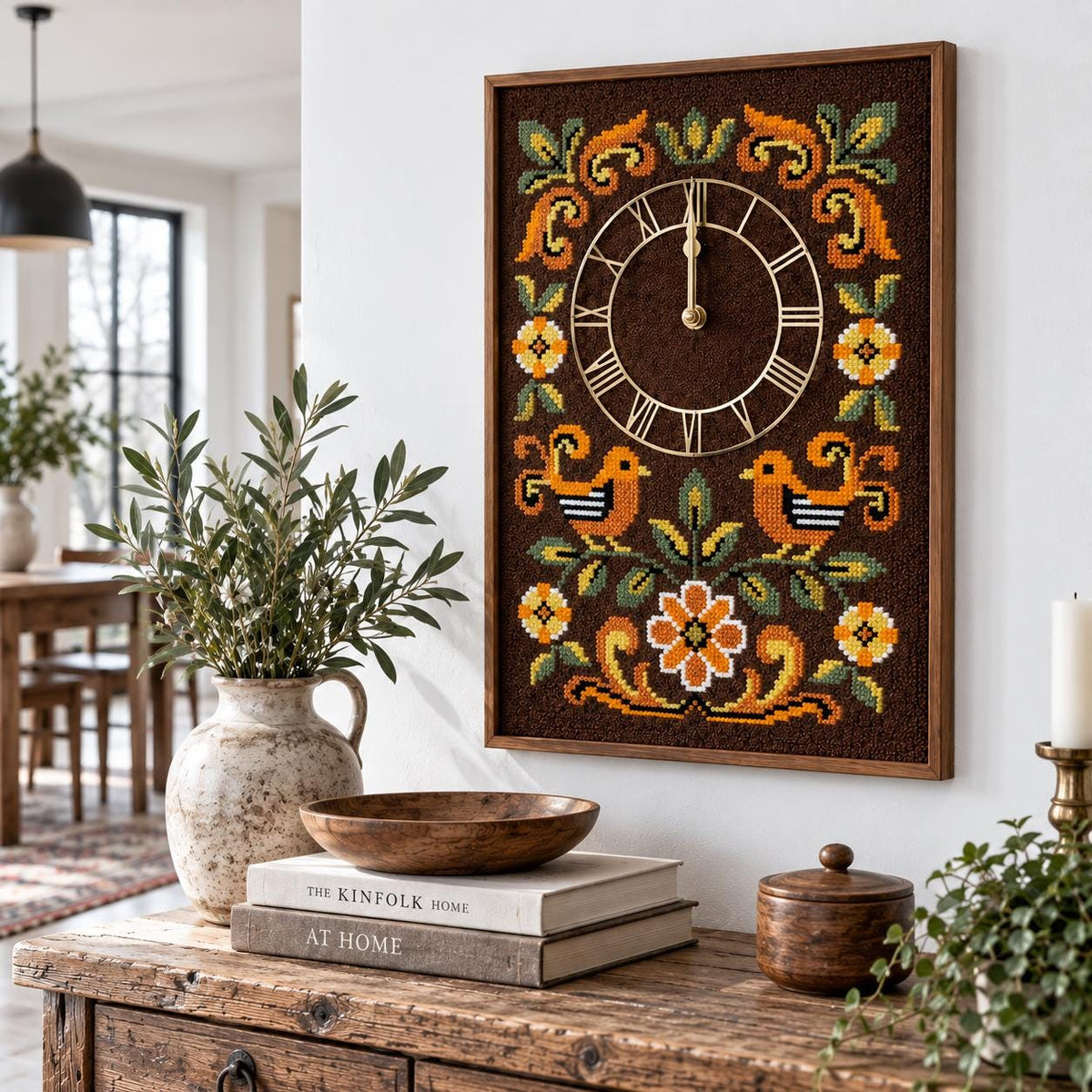 Embroidered Wall Clock, Hand Stitched Folk Art Birds Flowers, Swedish Scandinavian Needlepoint, Working Battery Clock