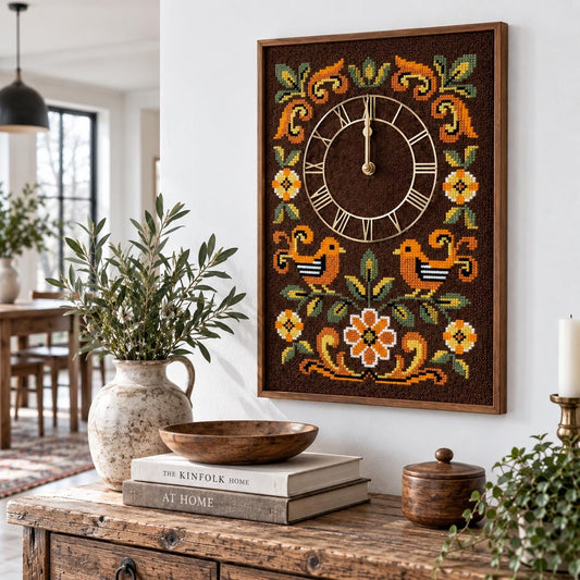 Embroidered Wall Clock, Hand Stitched Folk Art Birds Flowers, Swedish Scandinavian Needlepoint, Working Battery Clock