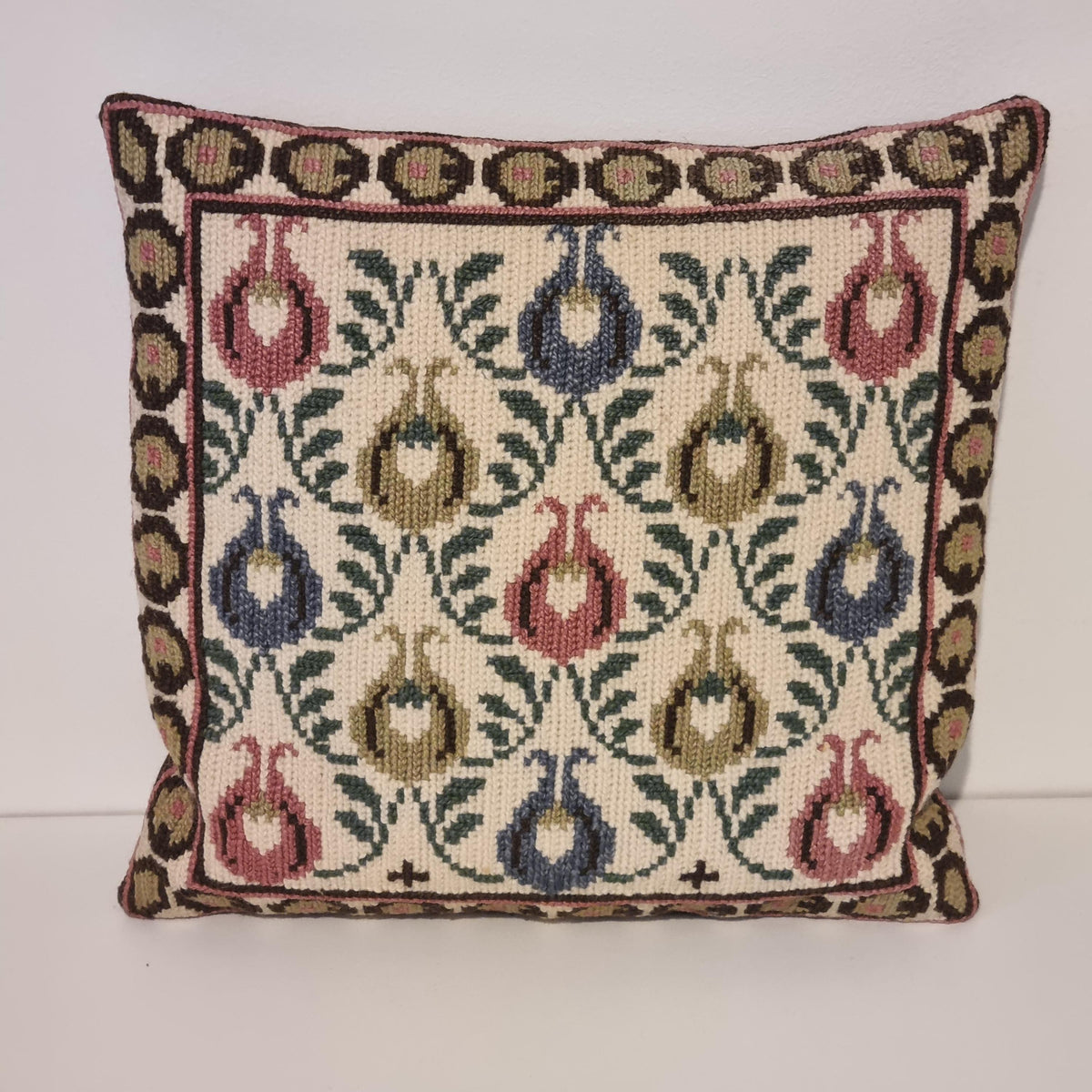 Vintage Scandinavian Hand Embroidered Pillow – Swedish Floral Needlepoint Cushion 40 × 40 cm