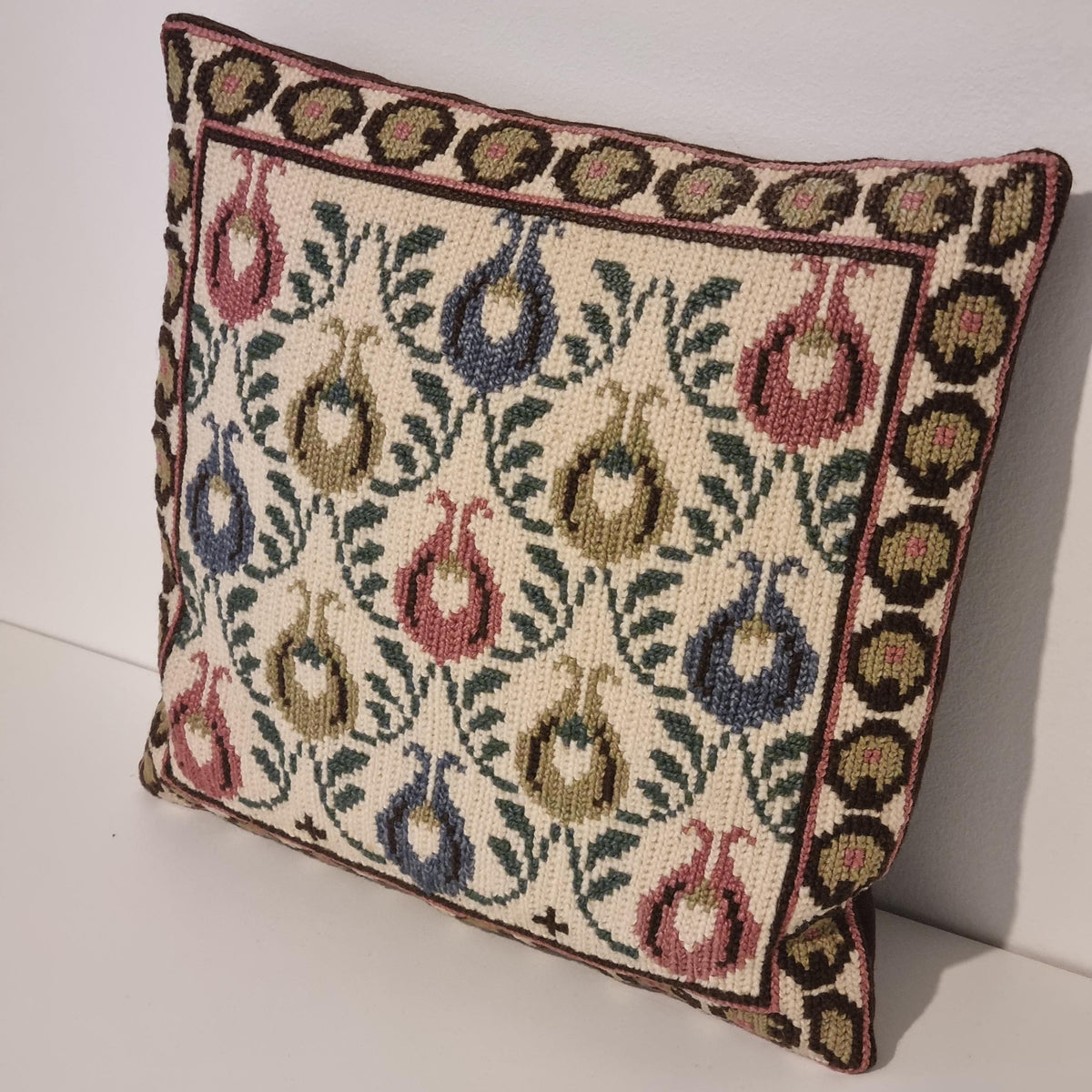 Vintage Scandinavian Hand Embroidered Pillow – Swedish Floral Needlepoint Cushion 40 × 40 cm