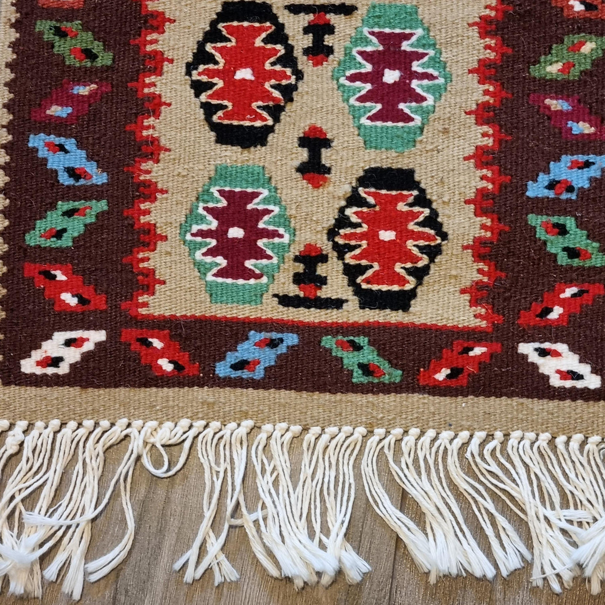 Vintage Handwoven Kilim Table Runner – Geometric Folk Art Textile – Rustic Woven Runner 82 × 30 cm