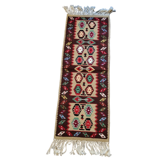 Vintage Handwoven Kilim Table Runner – Geometric Folk Art Textile – Rustic Woven Runner 82 × 30 cm