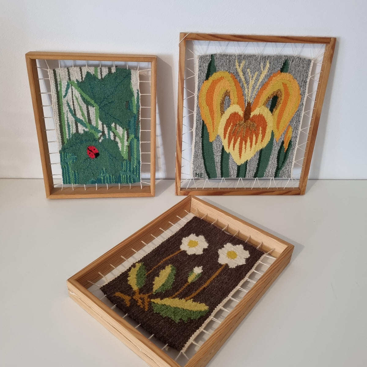 Set of 3 Vintage Swedish Handwoven Wool Tapestries – Flamskväv Flemish Weaving – Scandinavian Folk Art Textile Wall Deco