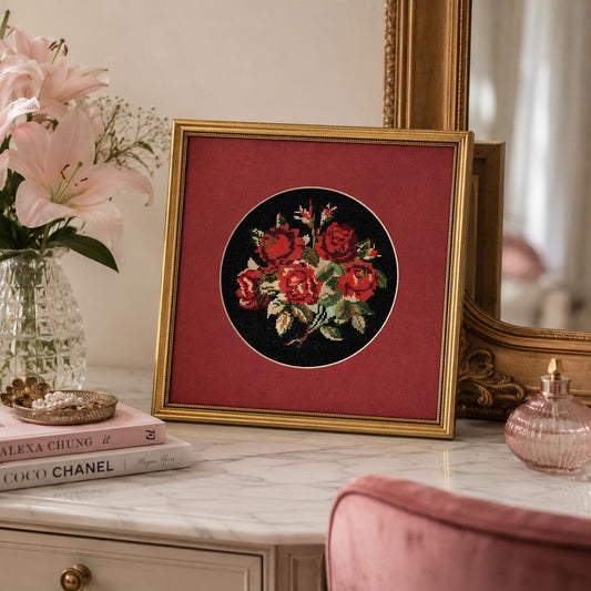 Vintage Floral Needlepoint Wall Art – Framed Red Rose Embroidery – Gold Frame Cottagecore Botanical Decor