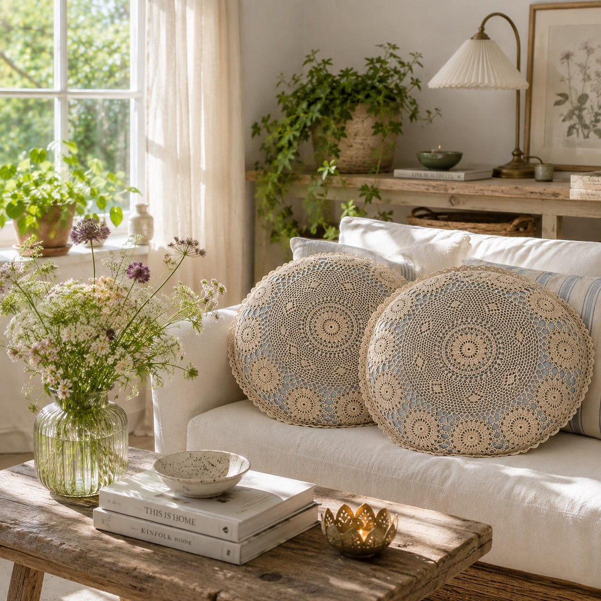 Crochet Lace Floral Cushion Pair, Romantic Farmhouse Shabby Chic Pillow