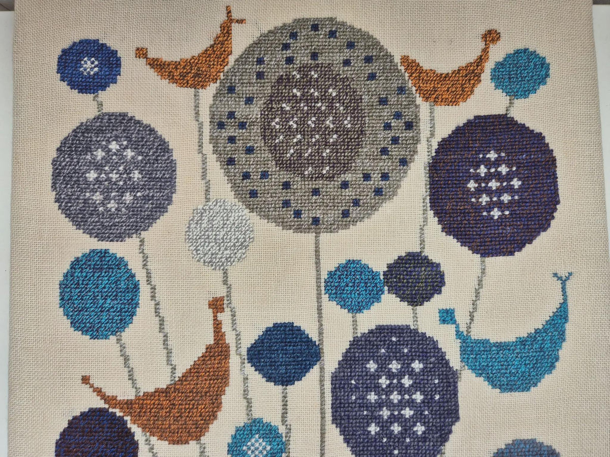 Large Vintage Swedish Embroidered Textile Wall Art in Teak Frame, Mid Century Scandinavian Folk Art, Blue Orange Needlework Tapestry