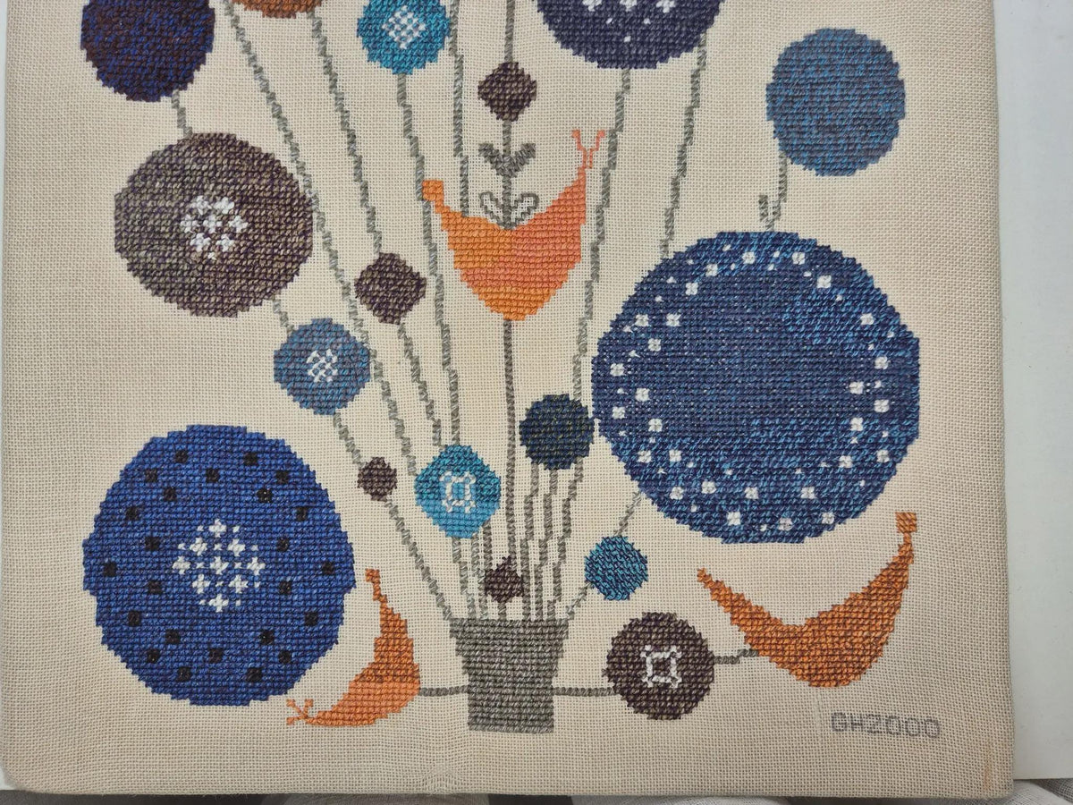 Large Vintage Swedish Embroidered Textile Wall Art in Teak Frame, Mid Century Scandinavian Folk Art, Blue Orange Needlework Tapestry