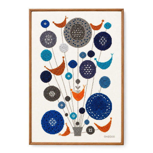 Large Vintage Swedish Embroidered Textile Wall Art in Teak Frame, Mid Century Scandinavian Folk Art, Blue Orange Needlework Tapestry