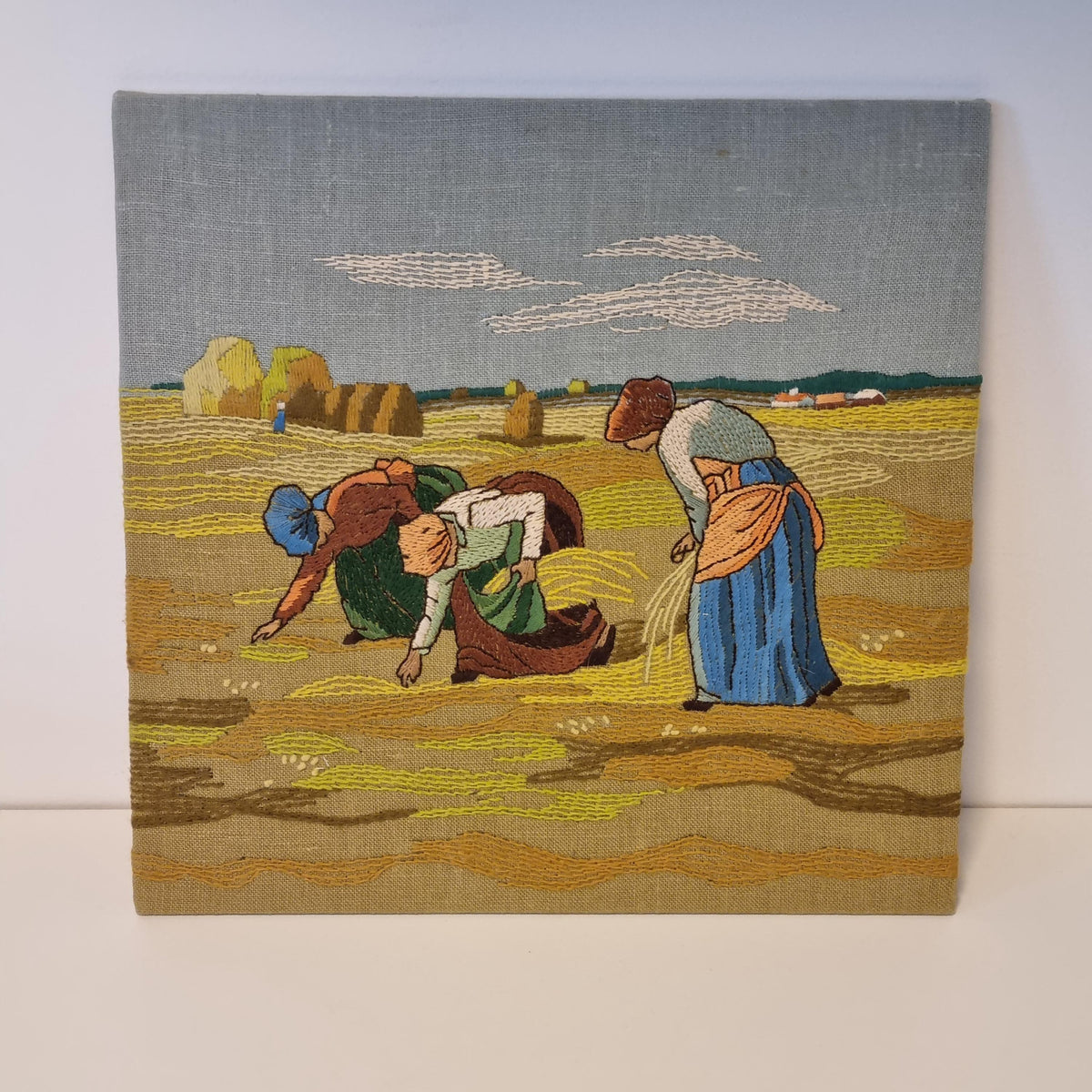 Vintage Scandinavian Harvest Embroidery Wall Art – Hand Stitched Mid Century Textile in Teak Frame, Swedish Nordic Fiber Art