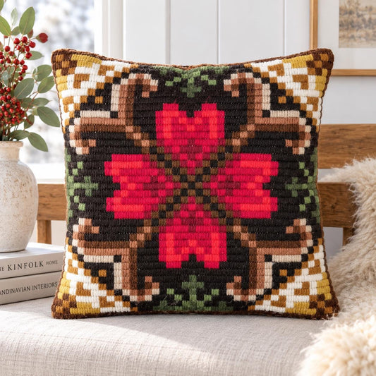 Vintage Scandinavian Needlepoint Pillow – 1970s Swedish Wool Embroidery Cushion, Retro Folk Floral Textile, Nordic Home Decor