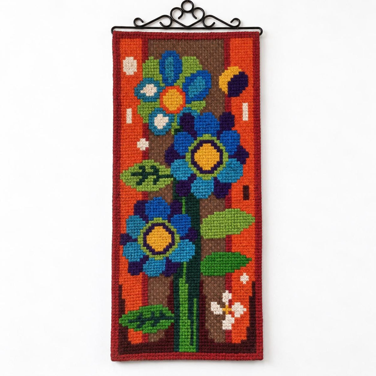 Vintage Scandinavian Wall Art | 1970s Floral Needlepoint Wall Hanging, Swedish Retro Textile Art, Blue Orange Flowers