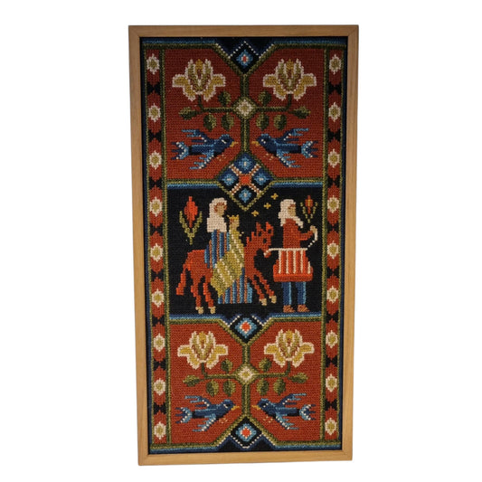 Vintage Swedish Tvistsöm Wall Art in Solid Teak Frame – Scandinavian Folk Needlepoint Tapestry – Rustic Cottagecore Textile Art